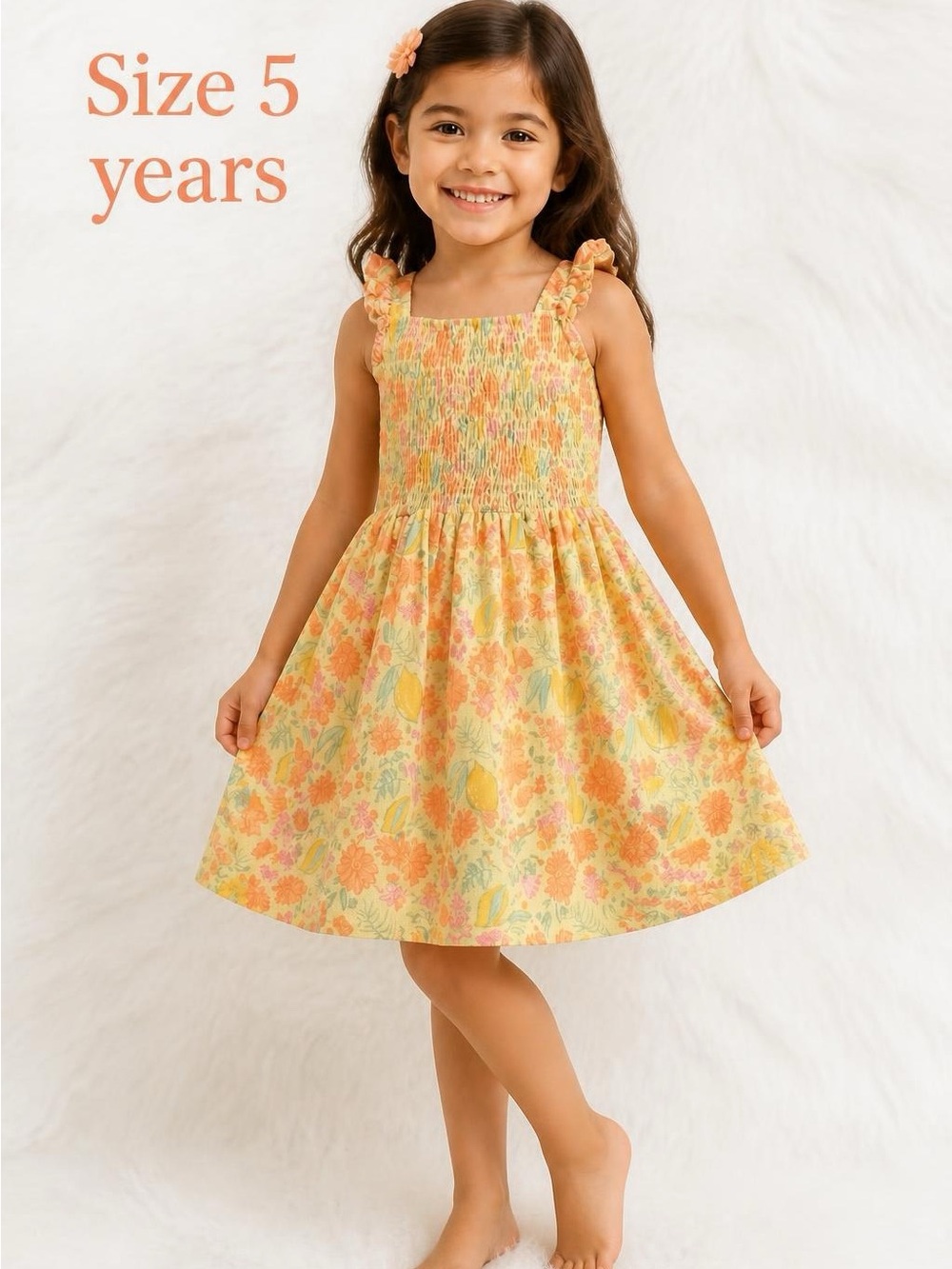 Young Hearts Girls Smocked Floral Fruit Dress – Size 5 (Excellent Condition)
